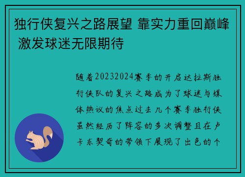 独行侠复兴之路展望 靠实力重回巅峰 激发球迷无限期待