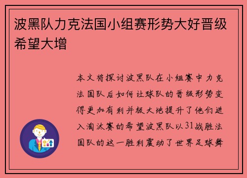 波黑队力克法国小组赛形势大好晋级希望大增