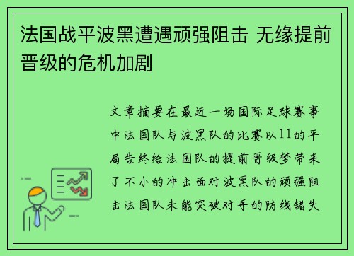 法国战平波黑遭遇顽强阻击 无缘提前晋级的危机加剧
